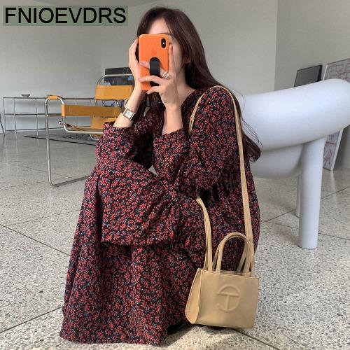 Vintage Woman Dress Red Floral Mid-Calf Clothing Fall Autumn New Short Sleeve Loose Lazy Sundress alx