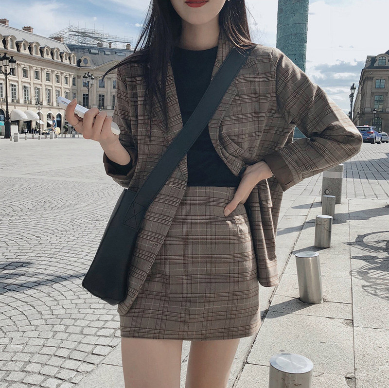 Comelsexy Plaid Print Notched Blazer Suit+ High Waist Pencil Skirt Set Vintage Autumn Casual Korean Office Lady Two Piece Set alx