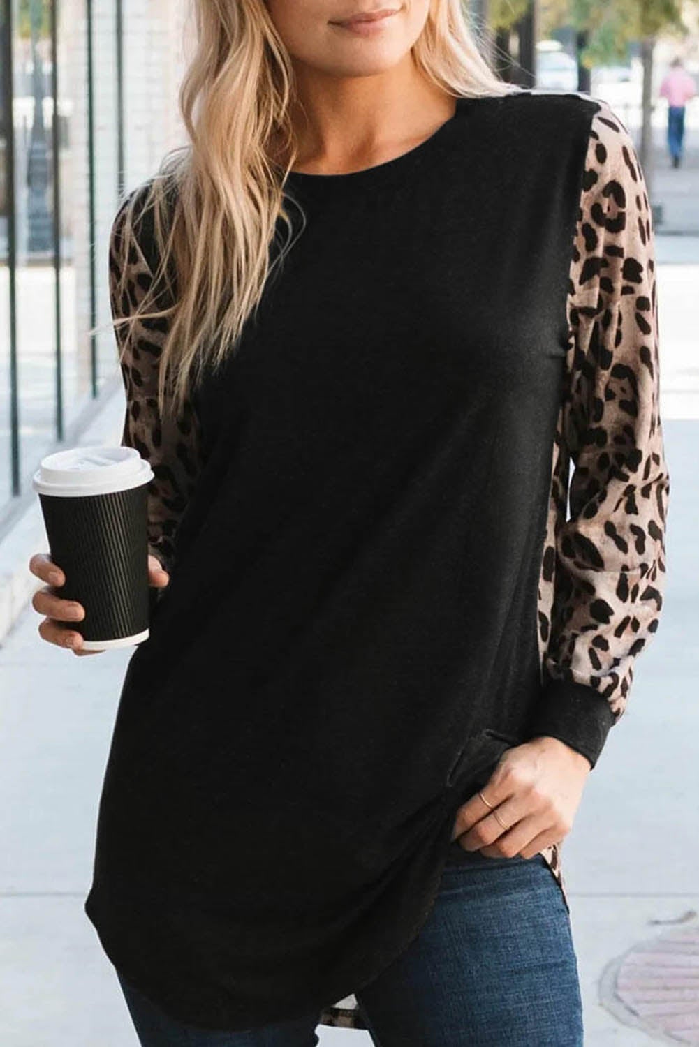 Azura Exchange Black Leopard Splicing Long Sleeve Top