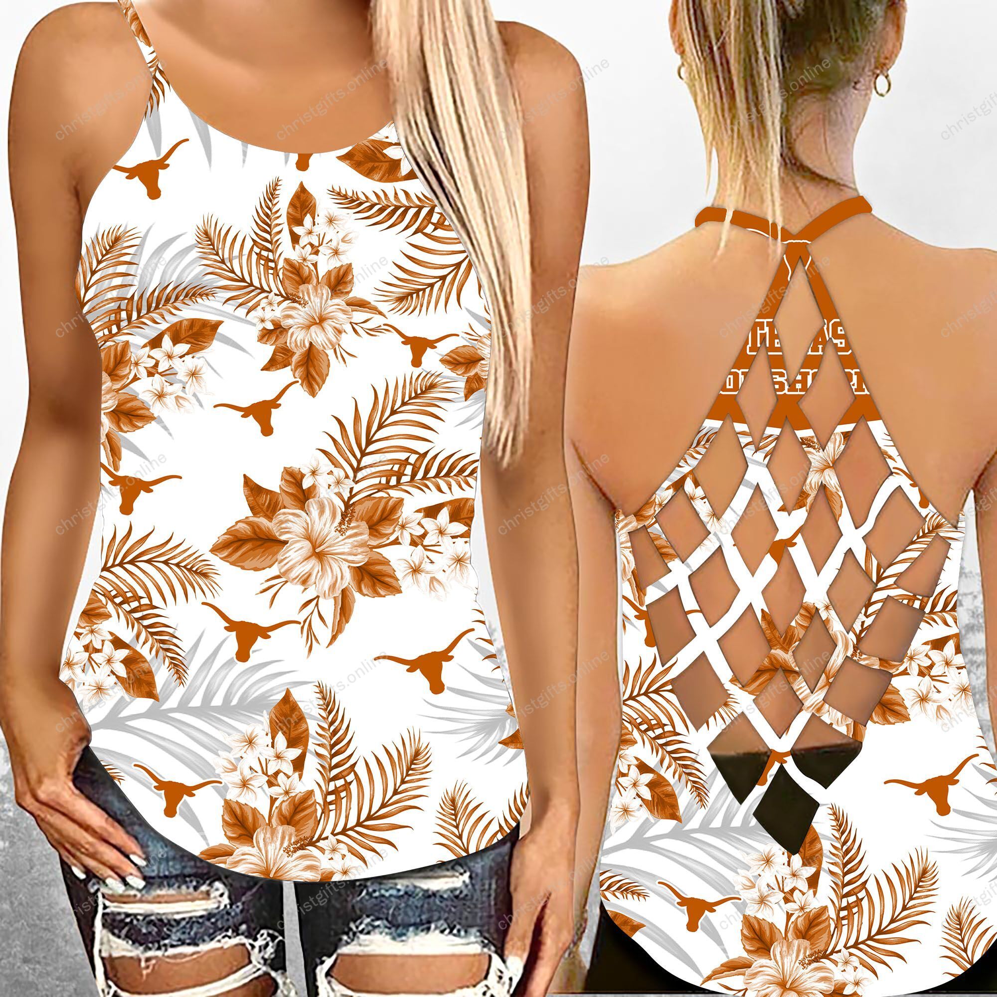 Texas Longhorns NCAA2-Criss Cross Tanktop Hawaii Style Ds1