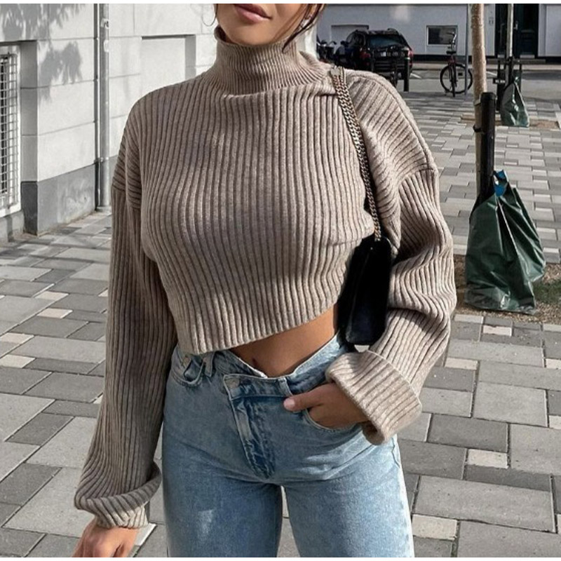 Women’s Turtleneck Streetwear Sweater Solid Loose Knitting Autumn Winter 2021 Ladies Pullover Tops Long Sleeve Crop Sweaters alx