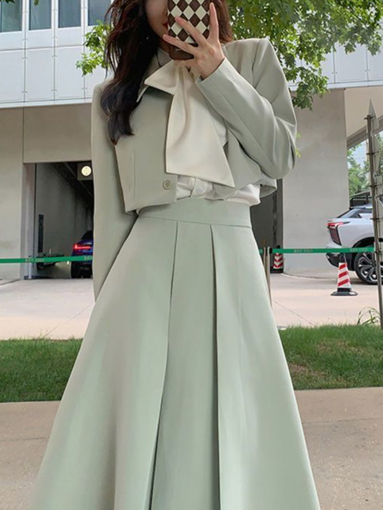 Autumn Elegant Two Piece Skirt Set Women Solid Sweet Party Midi Skirt Suit Female Casual Korean Fashion Chic Long Skirt Set 2022 alx