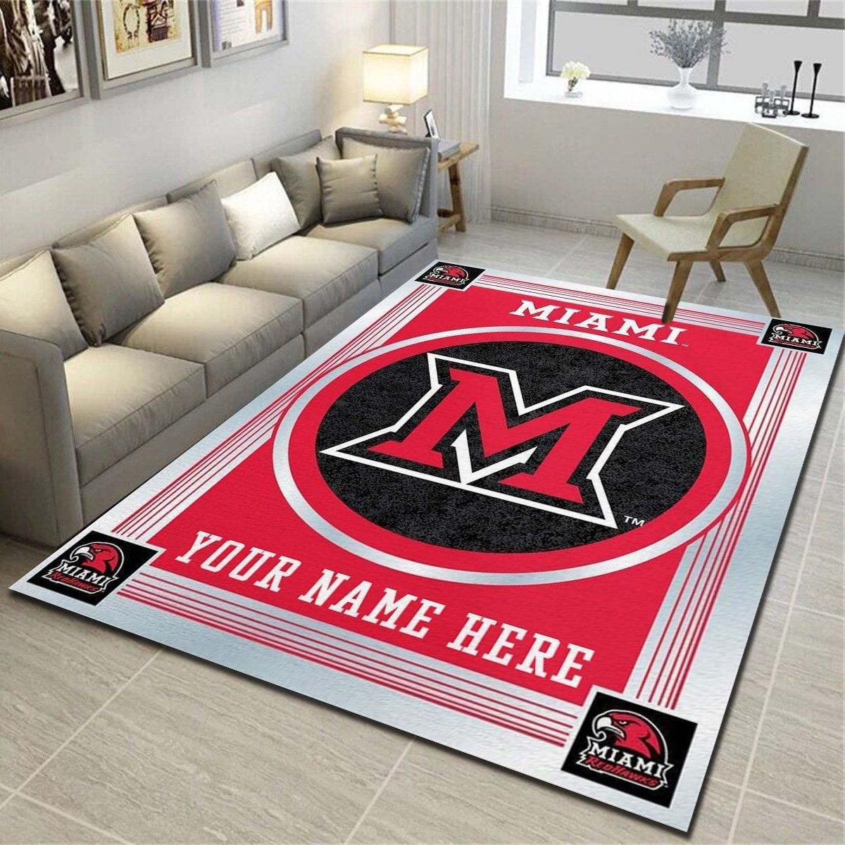 Miami University RedHawks Personalized Area Rug, Team Living Room Carpet, Customized Man Cave Floor Mat