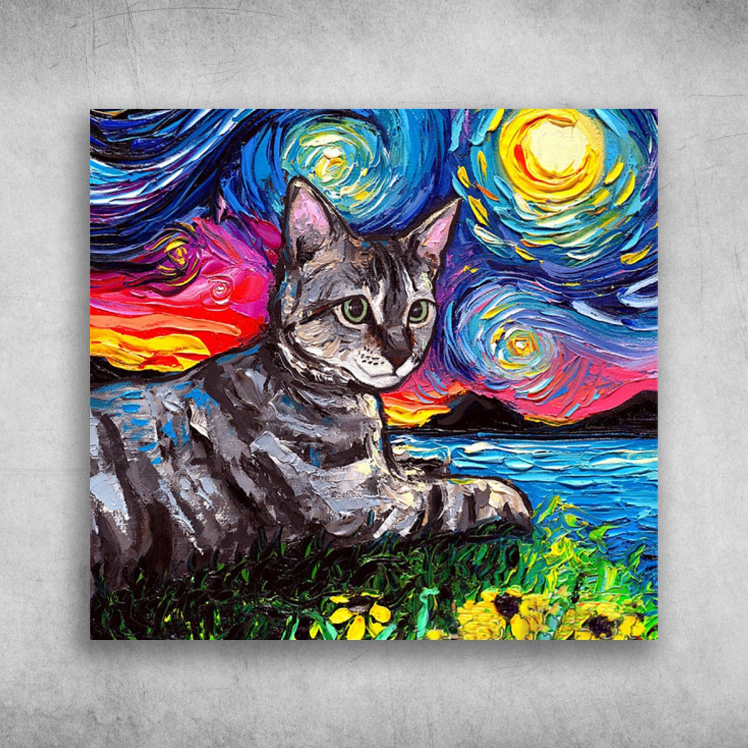 Black Cat Art Starry Night Tabby Tiger Gray Cat – Vincent Van Gogh Starry Night Posters Canvas Prints Wall Art