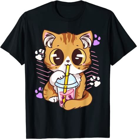 Cute Kawaii Cat Boba Bubble Milk Tea Anime Neko Kitten T-Shirt