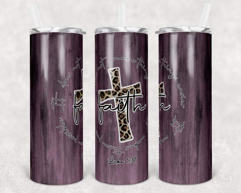 20oz Skinny Tumbler Purple Wood Faith Quote Leopard Cross Sublimation, 20oz Stainless Steel Tumbler