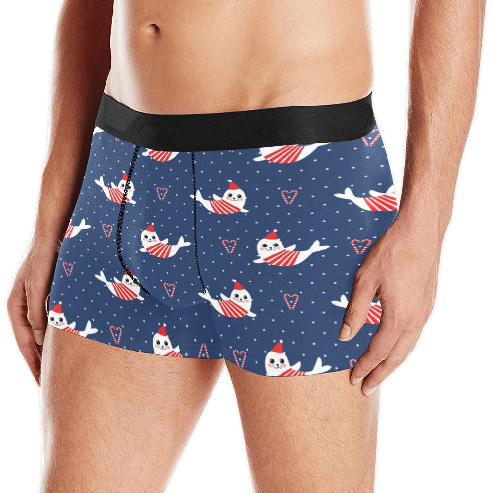 Cute Sea Lion Seal Christmas Hat Candy Cane Heart Men’S All Over Print Boxer Briefs Men’S Underwear