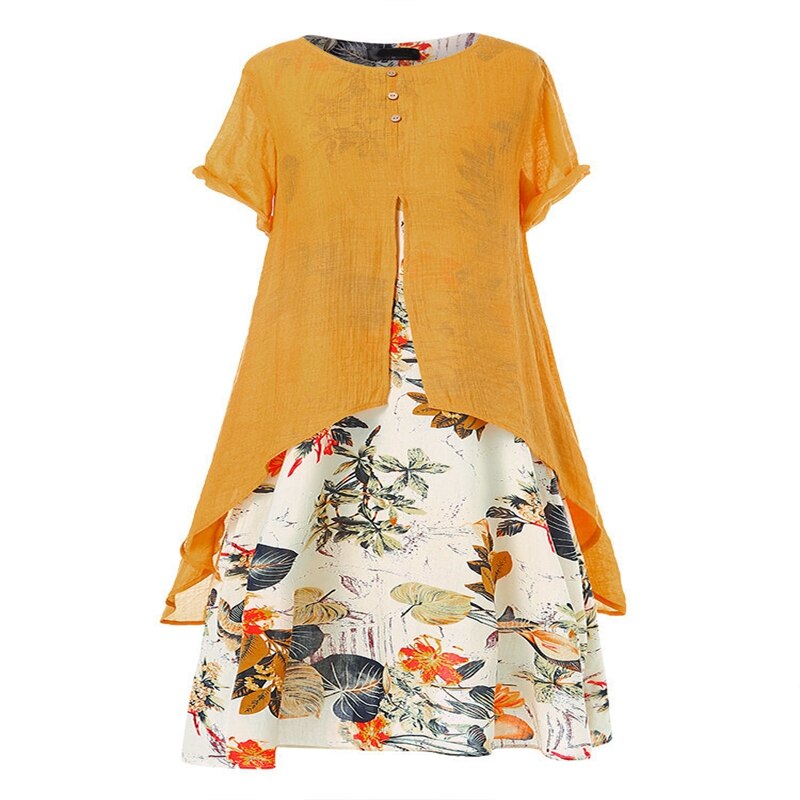 Autumn large size dress 6XL-9XL bust 148CM fashion women’s cotton and linen printed round neck short sleeve fake two-piece dress alx