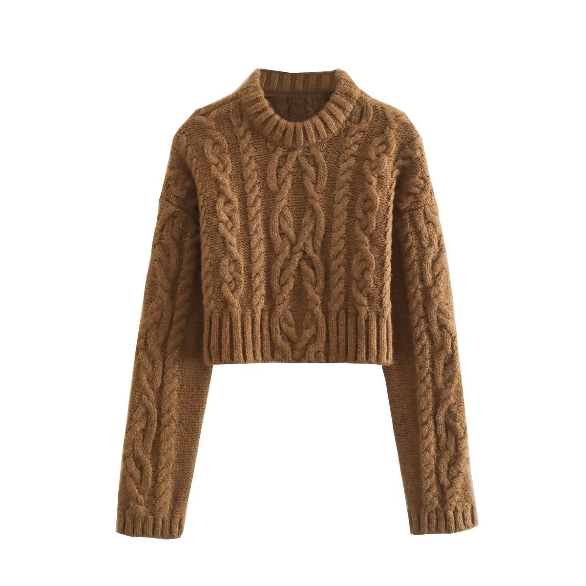 TRAF Brown Cropped Sweater Women Pullover Knitted Sweater Woman Winter 2022 Long Sleeve Knit Sweaters for Women Jersey Coats alx