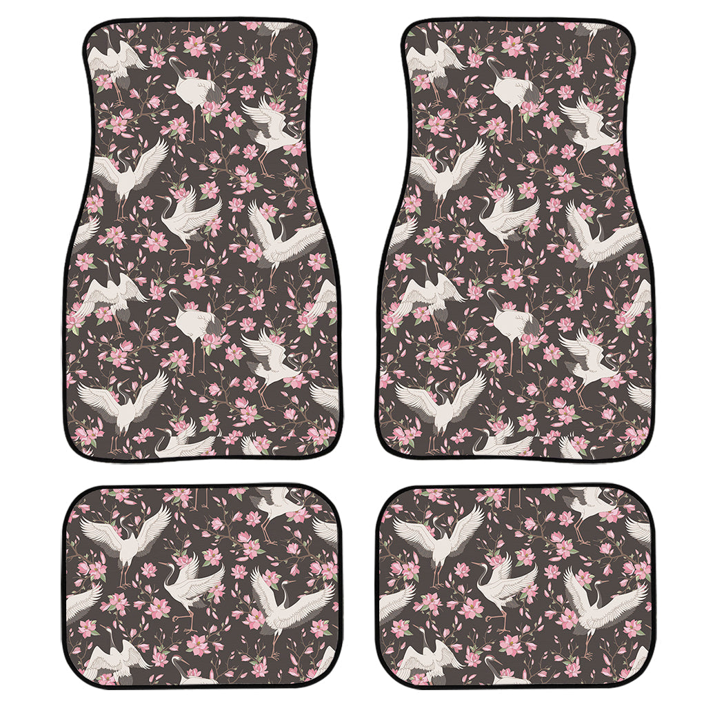 Crane Bird And Flower Pattern Print Front And Back Car Floor Mats, Front Car Mat