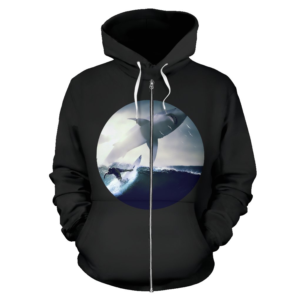 Surfer And Shark Print Zip-Up Hoodie