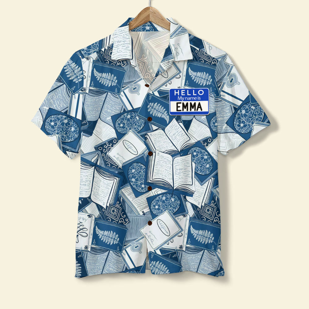 Personalized Book Lover Hawaii Shirt Hello My Name Is Blue Books Pattern Ha85732