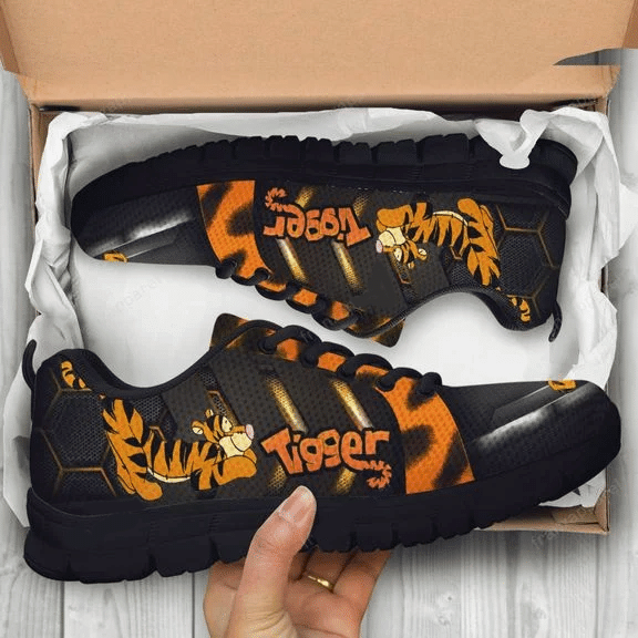 Tigger Winnie The Pooh Print Sneakers, Women’S Sneakers, Handmade Crafted Sneaker Black Shoes Birthday Gift Fashion Fly Sneakers