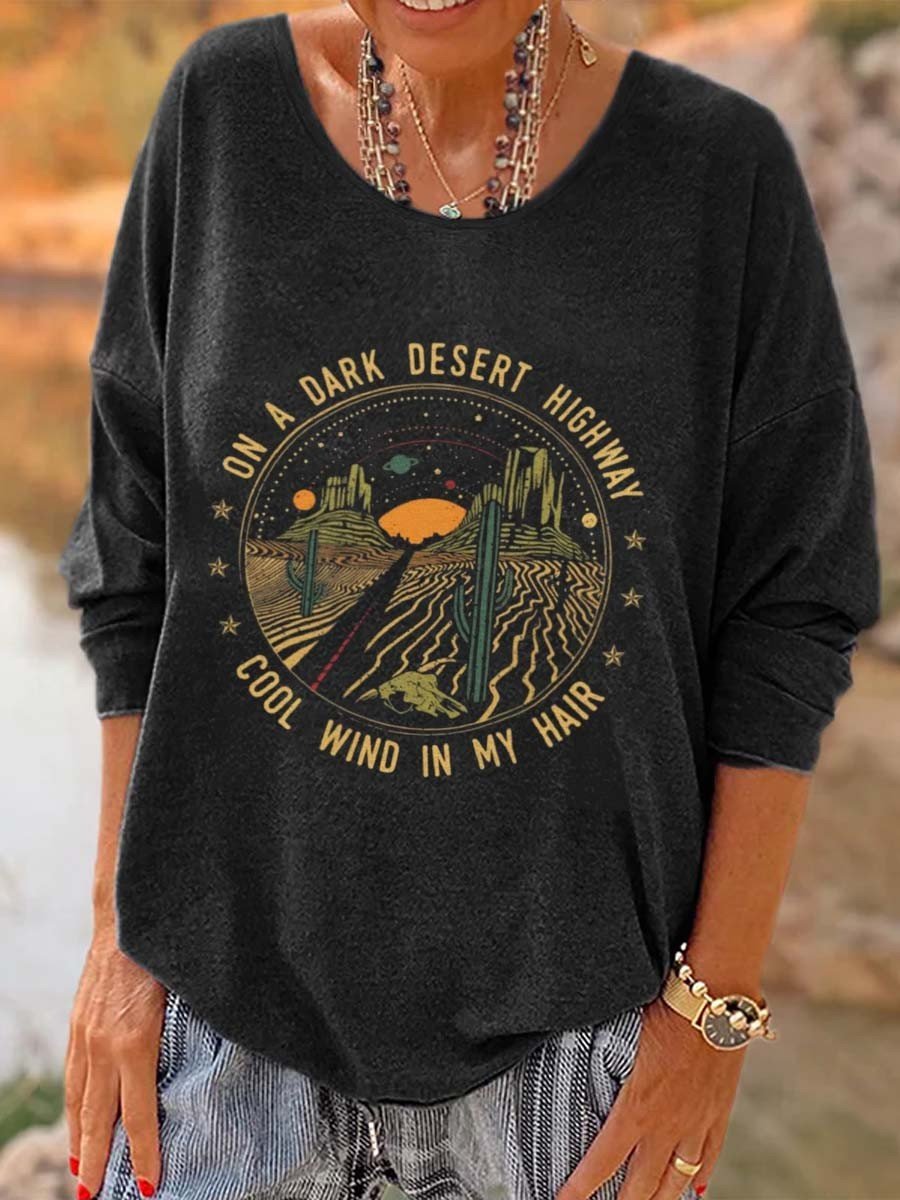 Women Hippie On A Dark Desert Highway Printed Long Sleeve T-Shirt