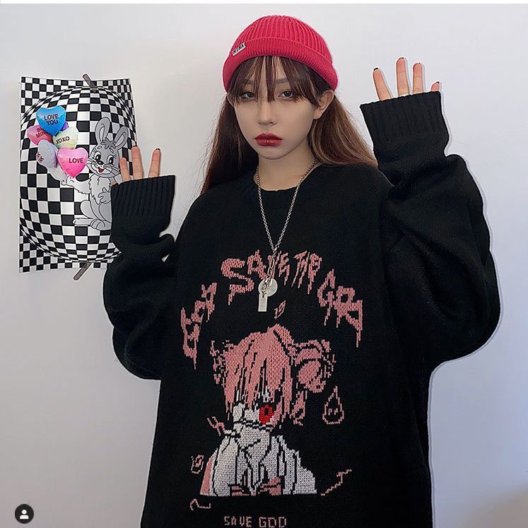 100% Acrylic Hip Hop Trend Dark System Knitt Sweater Autumn Winter New Ins Japanese Secondary Yuan Style Print Harajuku Pullover alx