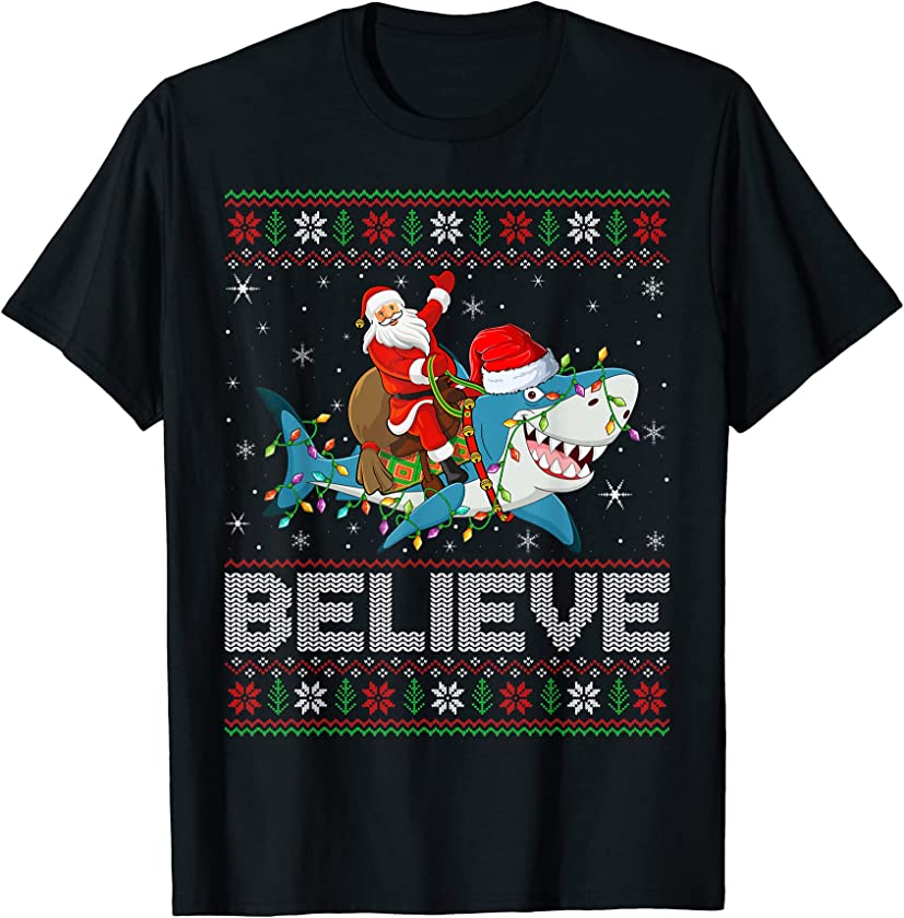 Xmas Lights Shark Believe Ugly Santa Riding Shark Chrismas T-Shirt