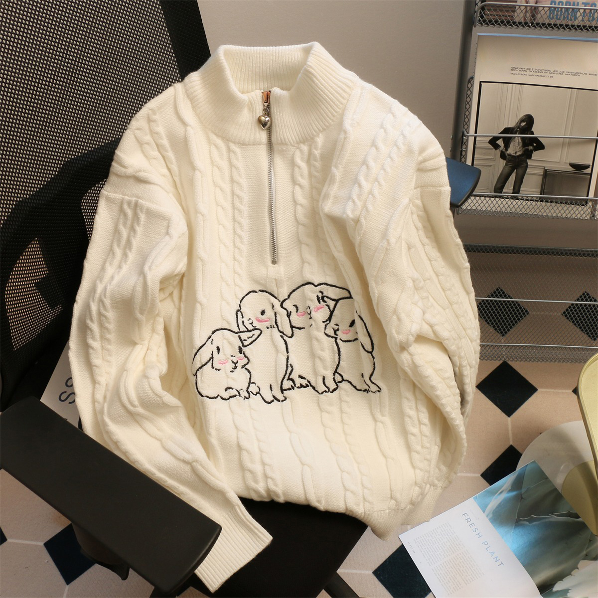 Circyy Women Sweater Beige Cute Embroidery Rabbit Long SleevePullovers Korean Chic Knitted Jumpers Zipper Half High Collar alx