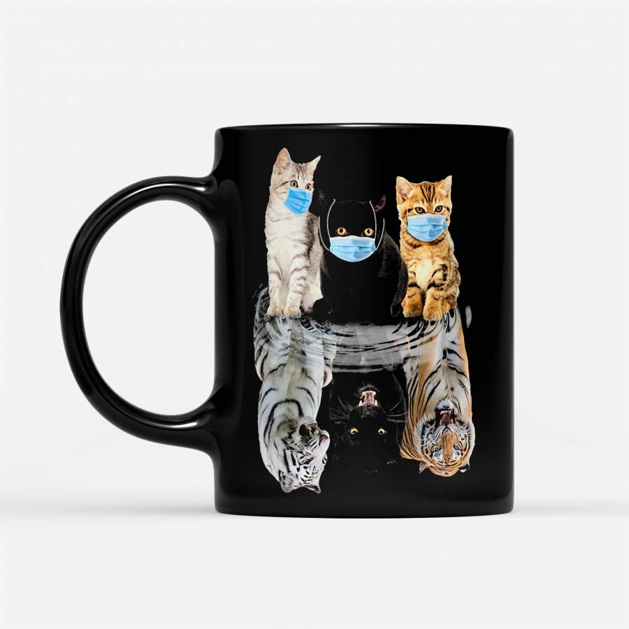 Cats Face Mask Water Mirror Reflection Tigers – Black Mug