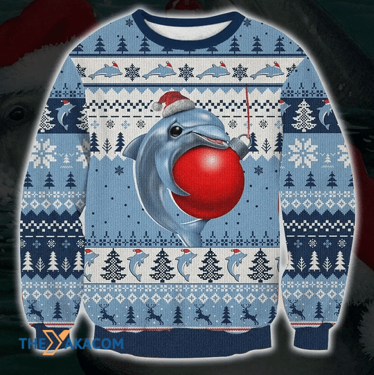 Merry Xmas Cute Dolphin And A Red Ball  Gift For Christmas Party Ugly Christmas Sweater