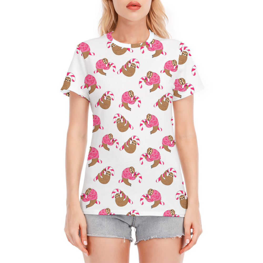 Sloth And Candy Cane Round Neck T-Shirt