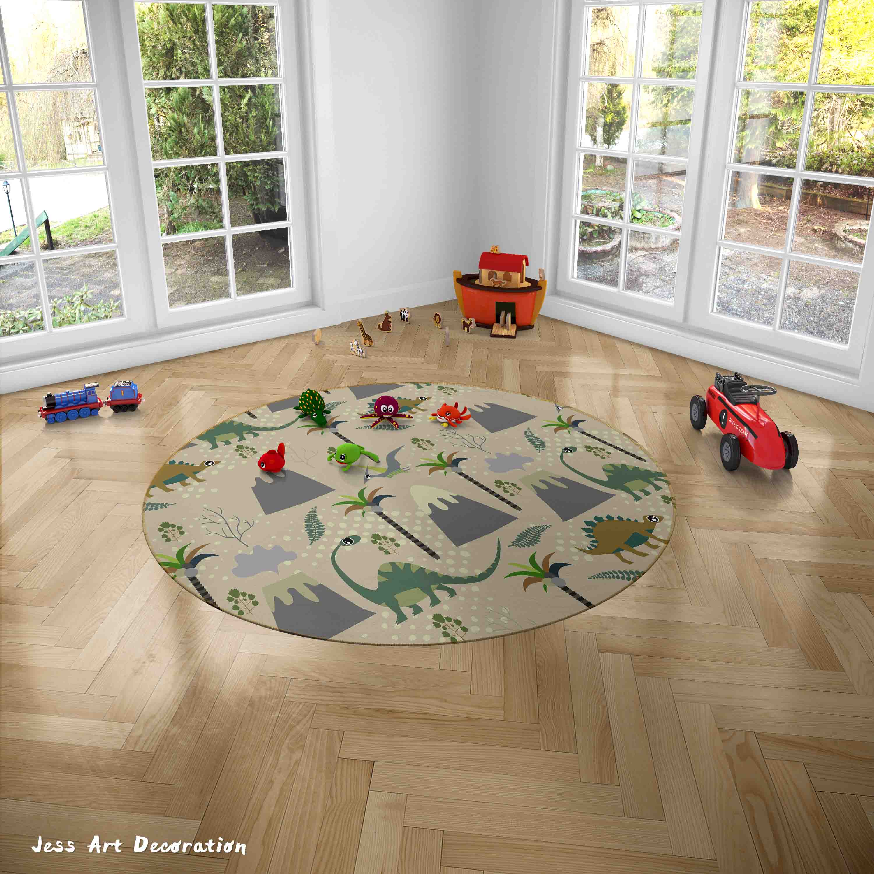 3D Cartoon Animal Dinosaur Coconut Tree Kids Non-Slip Round Rug Mat 11