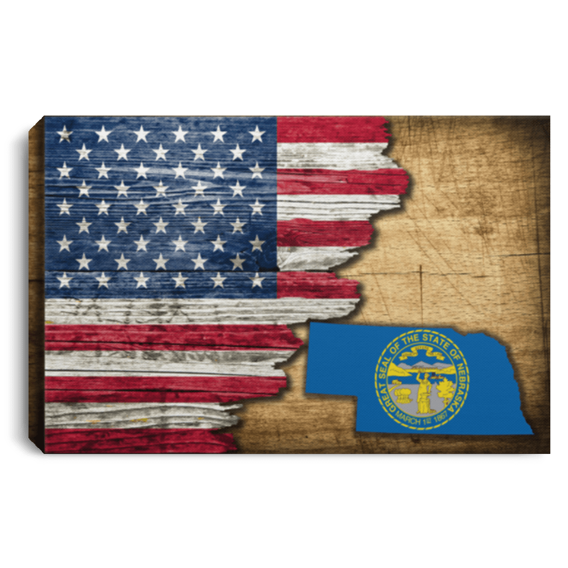 United States/Nebraska Flag Ripped Effect 12X8 Inches Landscape Canvas .75In Frame