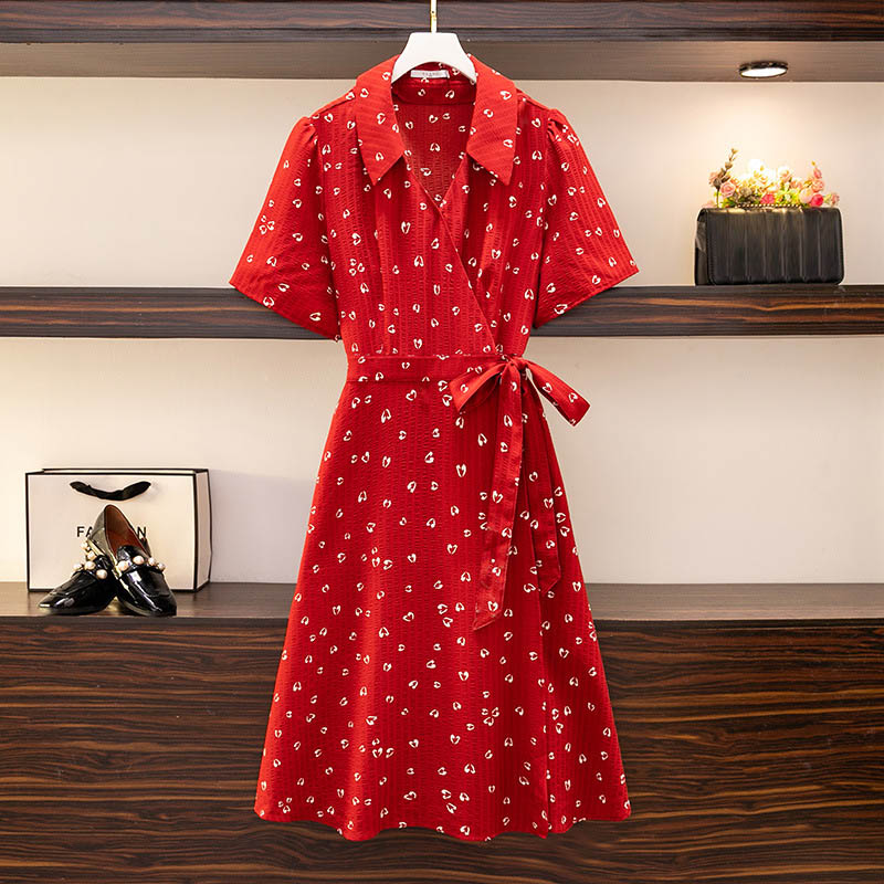 150Kg Plus Size Women’s Bust 150 Summer Loose Short-Sleeved Lapel Side Waist Tie Dress Red 5XL 6XL 7XL 8XL 9XL alx