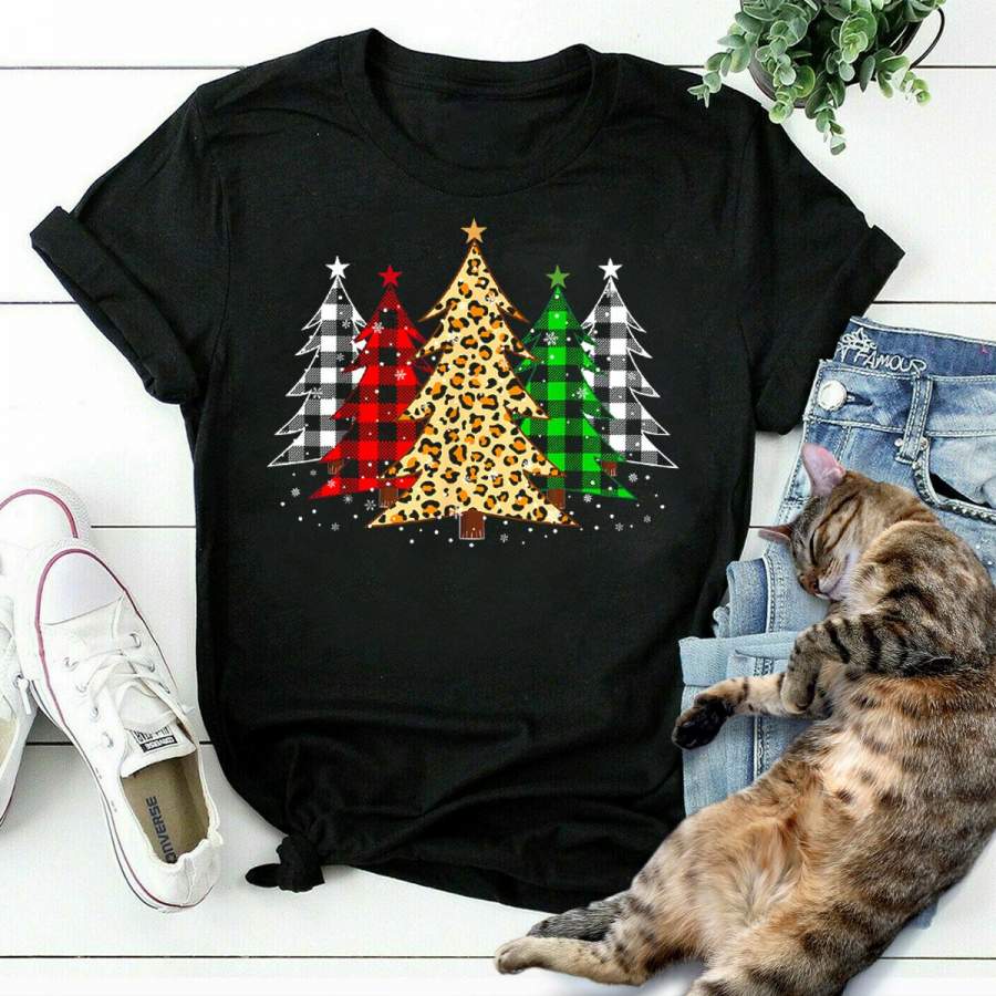 Christmas merry xmas trees with leopard & red plaid print funny snow   black cotton t shirt for men and women S-6XL