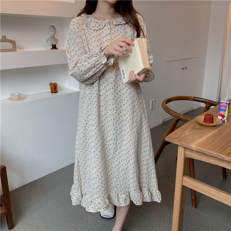 autumn winter all-cotton nightgown long sleeve print dress home clothes peter pan collar loose cute nightdress ruffles Y209 alx