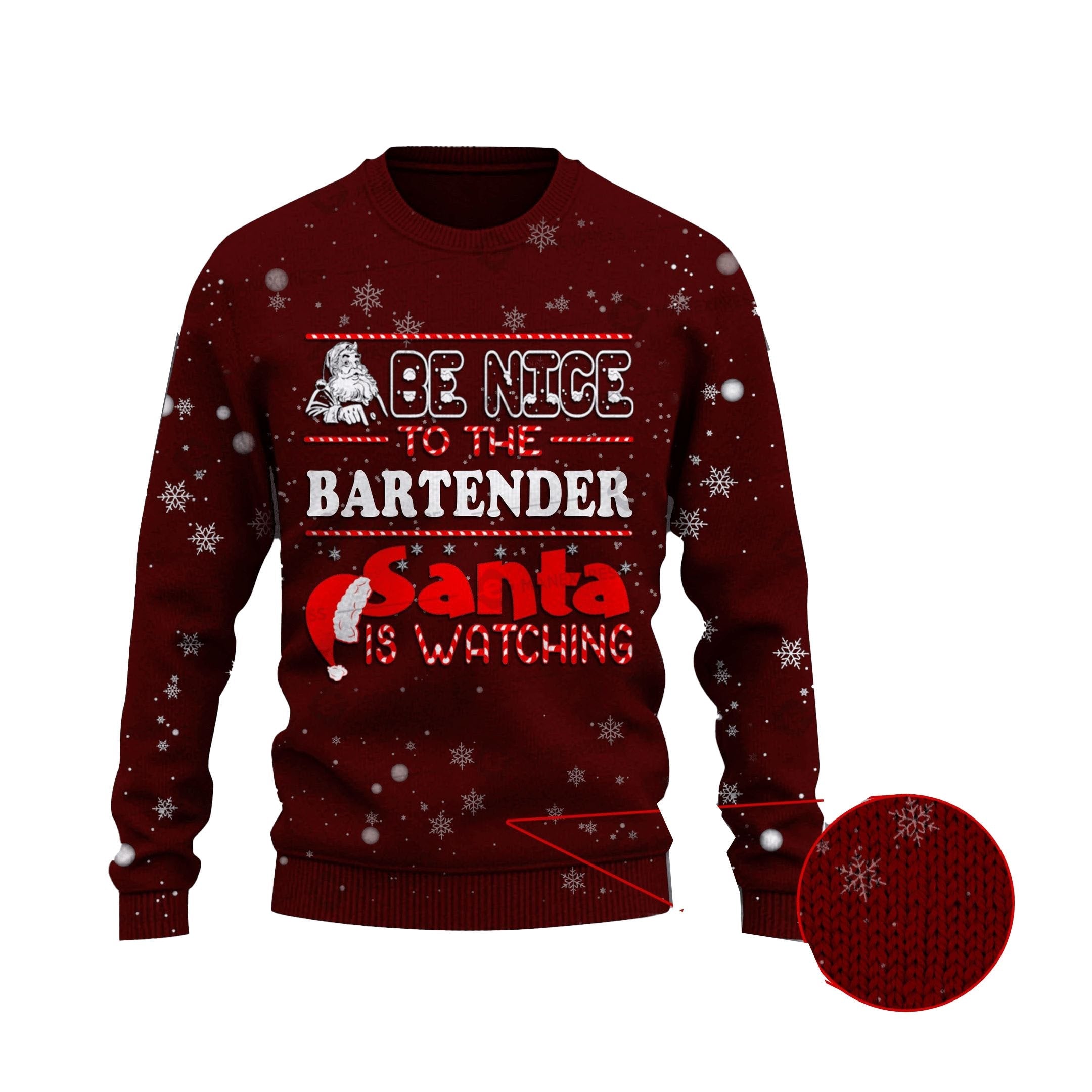 Unifinz Bartender Christmas Ugly Sweater Be Nice To The Bartender Santa Is Watching Red Sweater 2022