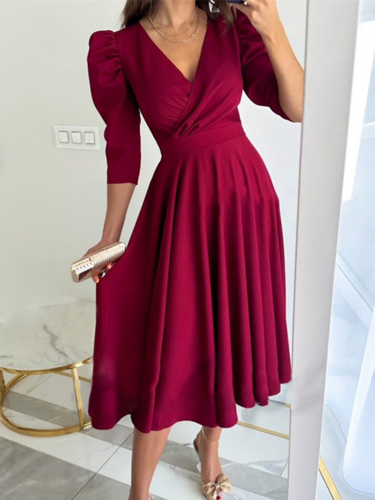 Autumn Winter Casual Pleated Big Hem Dress Women 2022 Fashion Sexy Deep V-neck Green Midi Dresses Woman Elegant Party Dress alx