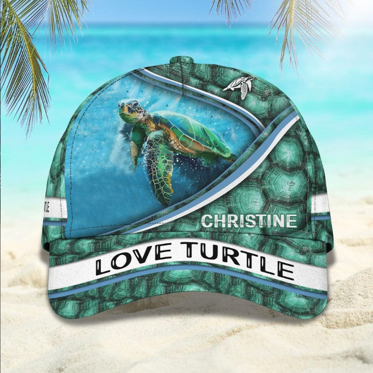 Personalized Turtle Beach 3D Baseball Cap For Turtle Lovers, Tortoise Shell Pattern Hat For Girlfriend