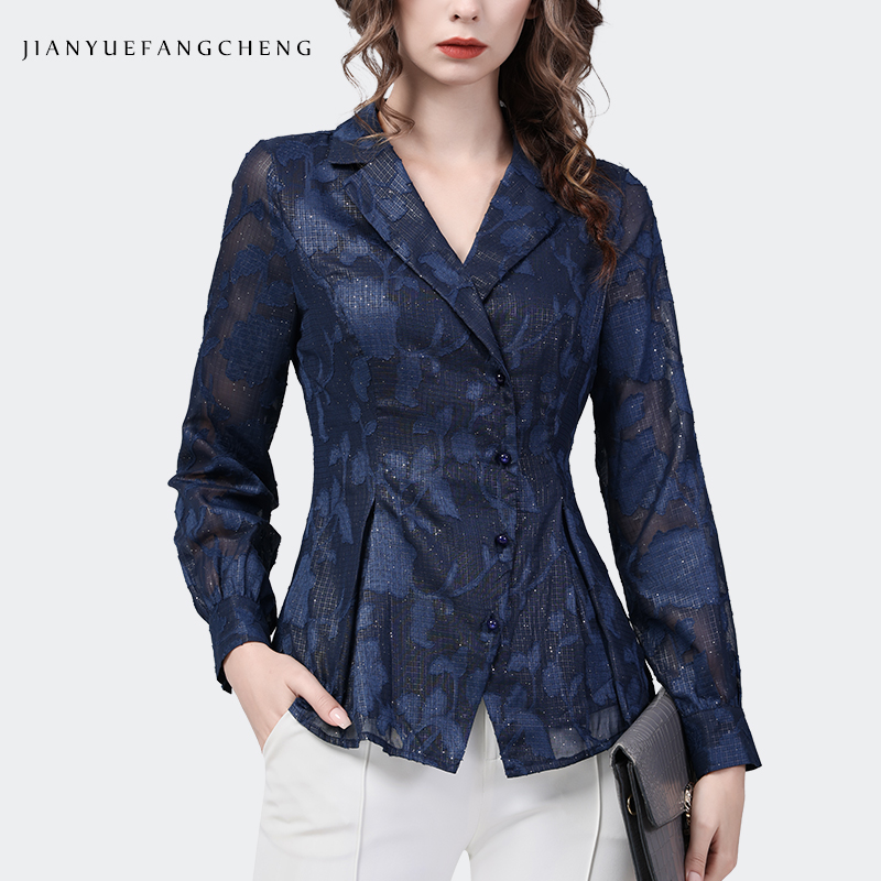 Vintage Embroidered Women Blue Long Sleeve Floral Shirt Elegant Slim Suit Collar Button-Down Top Luxury Bling Chiffon Blouses alx