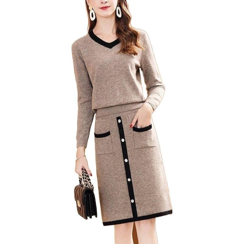 Autumn Winter Clothing Knitted 2 Piece Set Women Long Sleeve V Neck Pullover Sweater + Lady Knitting Skirt Suit X125 alx