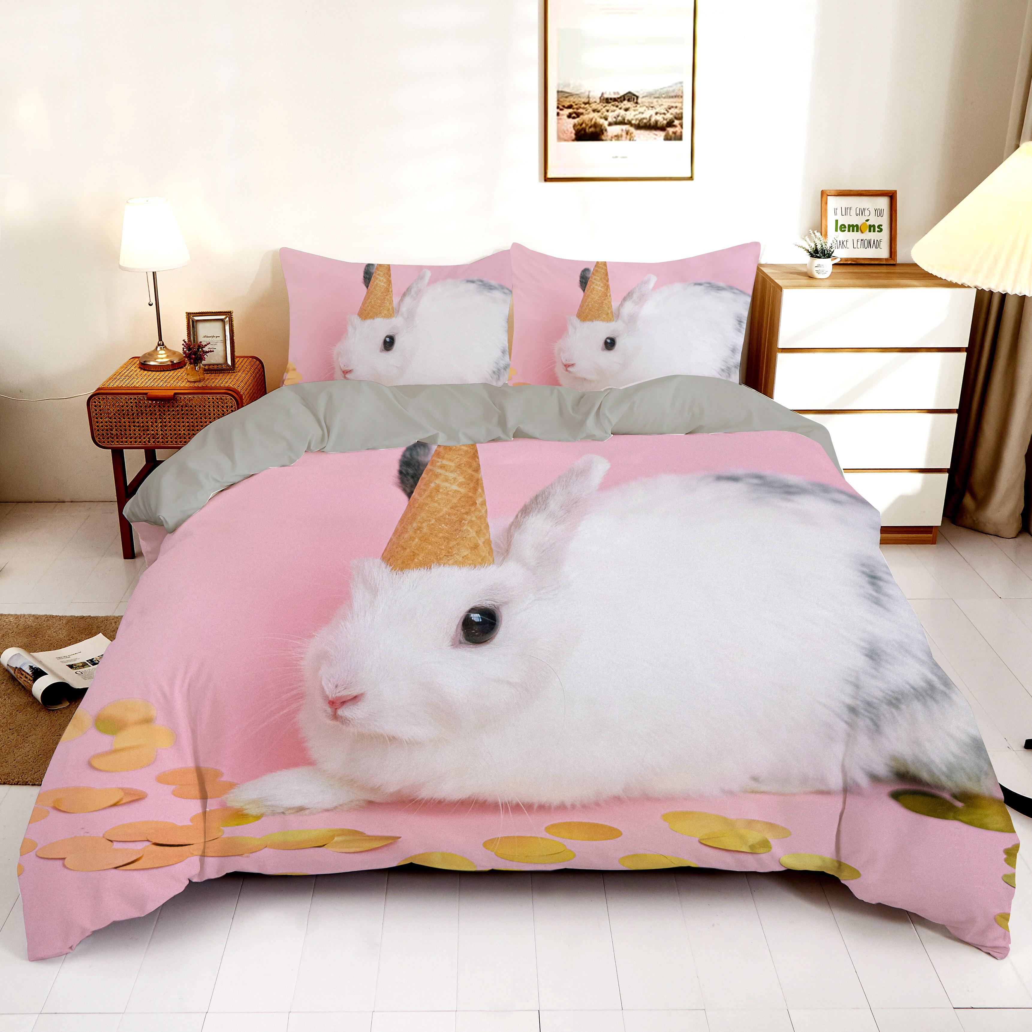 3D Rabbit Pet Duvet Cover Set Pink Single King Queen Size Bedding Set For Home Kids Girls Duvet Covers