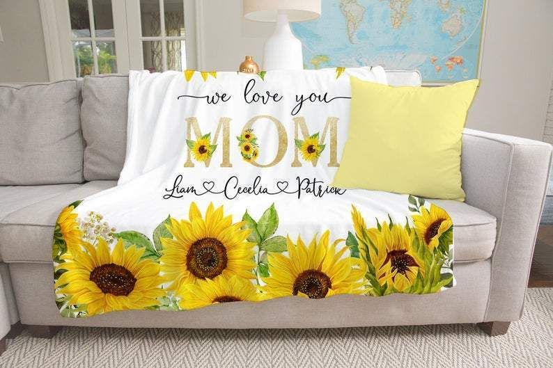 Sunflowers Mom We Love You Custom Text Name Fleece Blanket