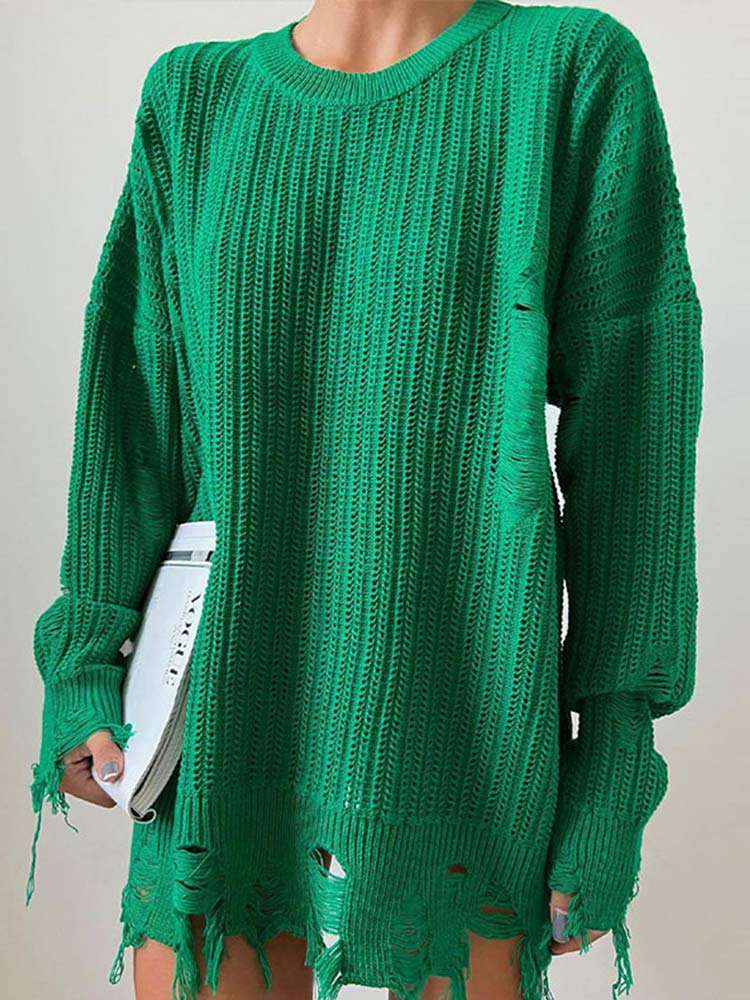 2022 Tassel Hollow Out Knitted Pullover Medium Length O Neck Loose Jumper Women Autumn Winter Warm Office Ladies Sweater Dress alx