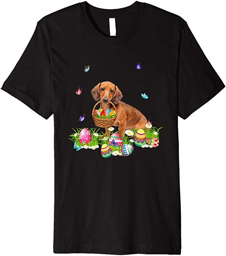 Dachshund Bunny Dog With Easter Eggs Basket Butterflies Premium T-Shirt