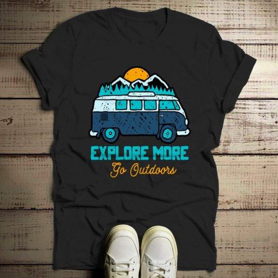 Men’s Hipster Explore T shirt Road Trip Shirts Go Outside Vintage Van Graphic Tee Hand Drawn