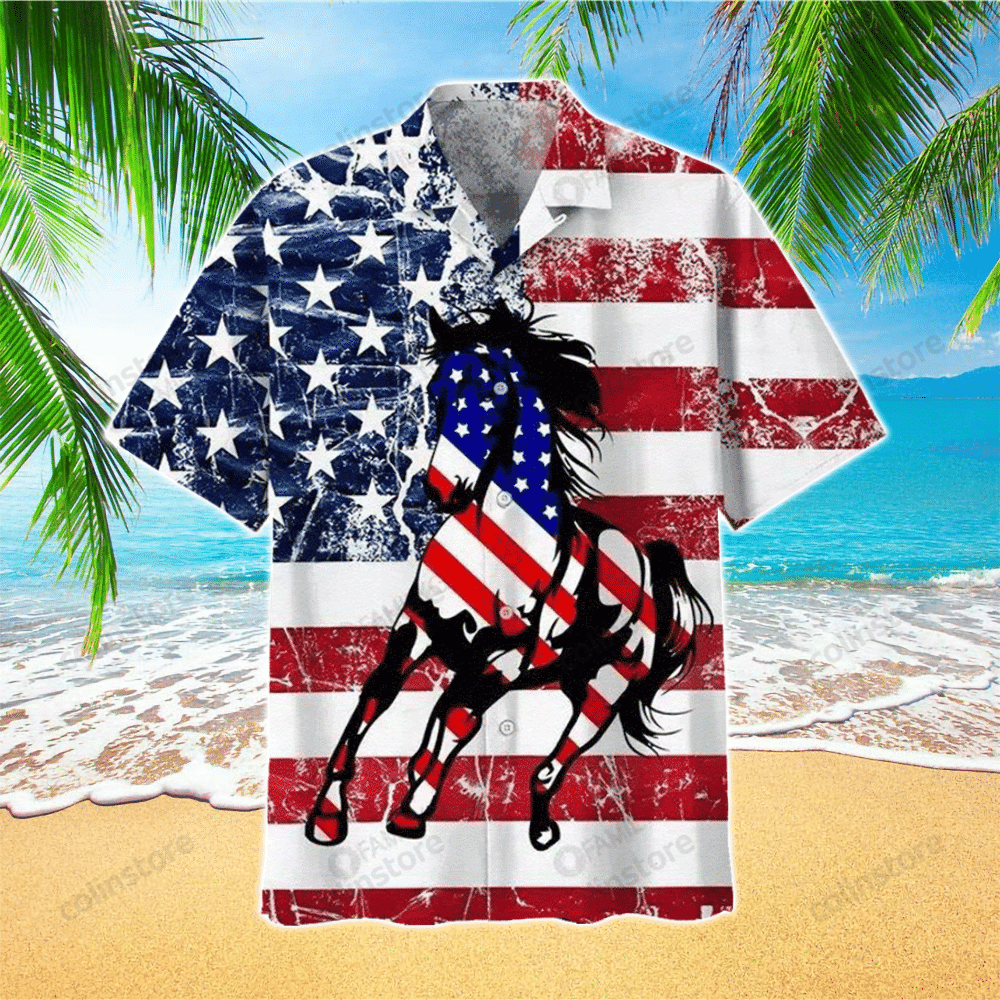 American Flag Horse Hawaii Shirt Aloha Tropical Sleeve Summer All Size Ha80278