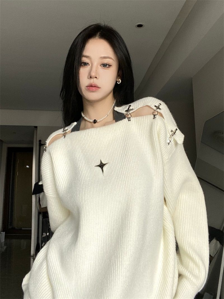 Y2k Retro Casual Slash Neck Sweater Women Off Shoulder Pullovers Knitted 2022 Autumn Harajuku Aesthetic Female Hollow Out Jumper alx