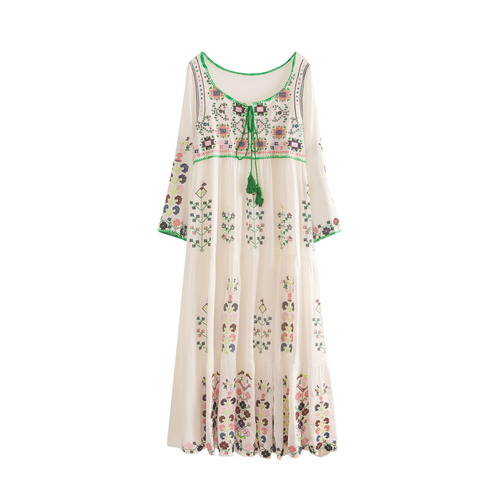 Vintage Chic Women Bohemian Heavy Flowers Embroidered Cotton Loose Dress Robe Ladies V Neck Tassel Boho Maxi Dresses Vestidos alx