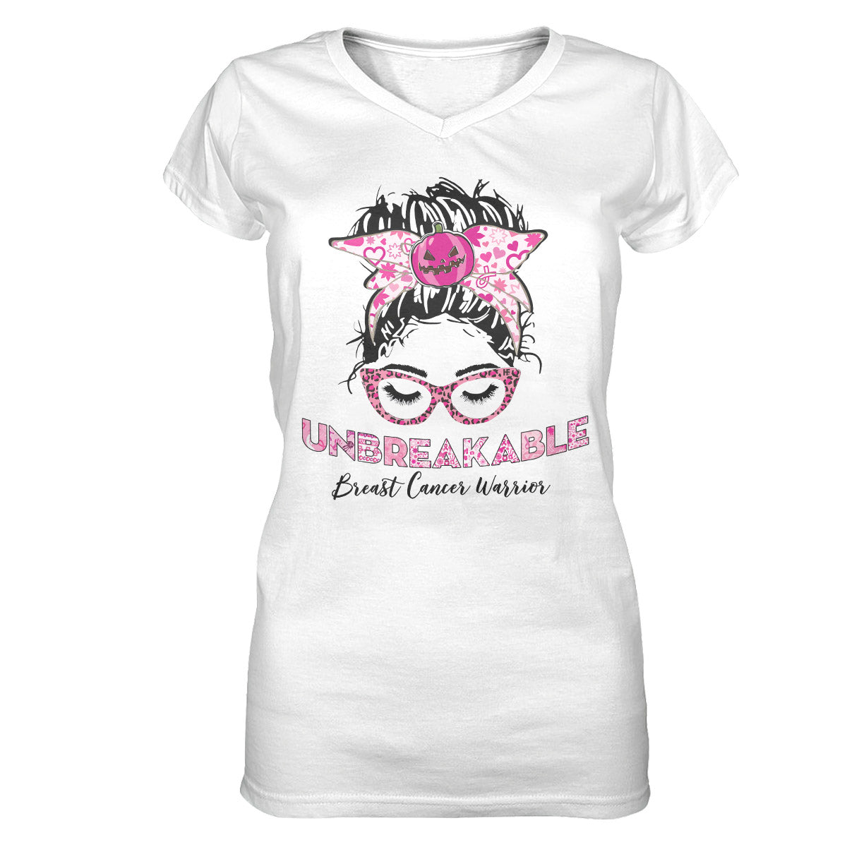 Unbreakable Breast Cancer Warrior, Pink Leopard Halloween Girl Women V-Neck T-Shirt