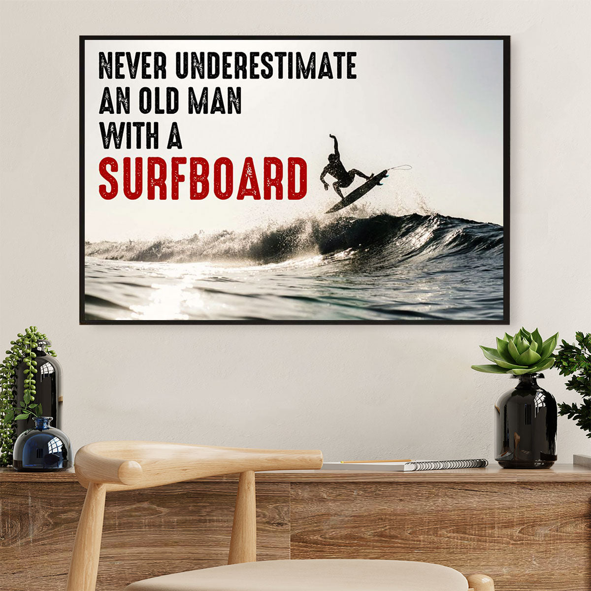 Water Surfing Canvas Wall Art Prints | Old Man With A Surfboard | Home Décor Gift For Beach Surfer