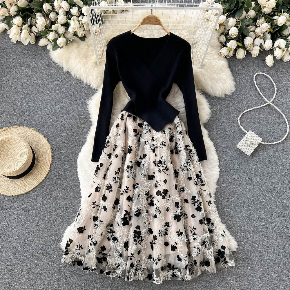 SINGREINY Floral Splice Autumn Women Dress Mesh Butterfly Long Sleeve V Neck Fashion Elegant Ladies Knit A Line Long Dresses alx