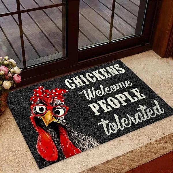 Chickens Welcome People Tolerated Black Background Animal Doormat Farm Rug Farmer House Decor Housewarming Gift Gift For Friend Family Gift For Farm Animal Lovers