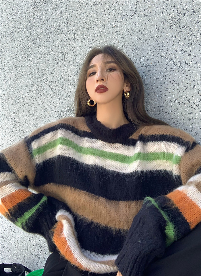 Women’s Sweater Winter Soft Loose O-neck Oversized Vintage Knitted Contrast Stripe Casual Full Sleeves Pullovers Korean Outwear alx