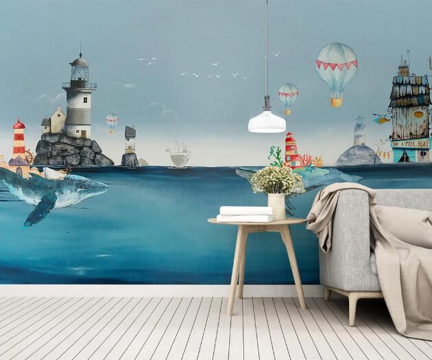 3D Shark Lighthouse Hot Air Balloon Cartoon Wall Mural Wallpaper 2112