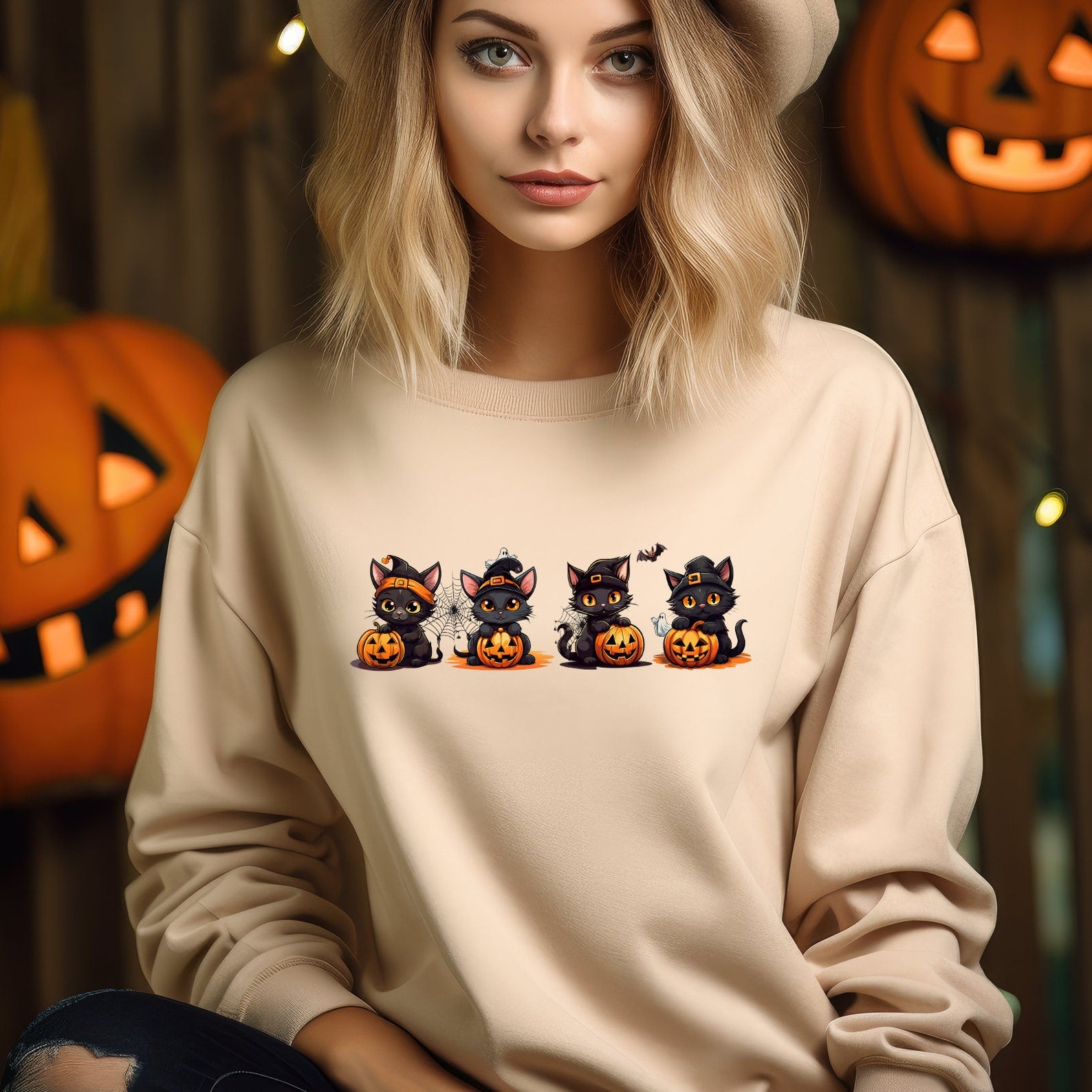 Halloween Cat Sweatshirt 2D Crewneck Sweatshirt All Over Print Sweatshirt For Women Sweatshirt For Men Sws4012