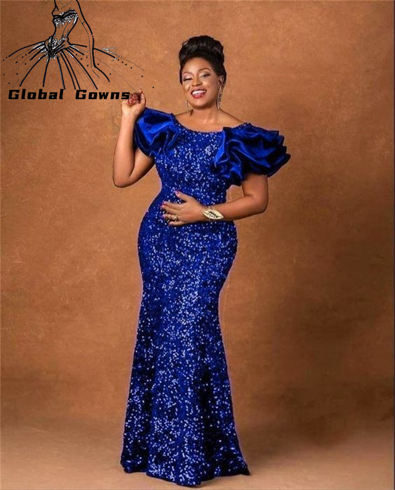 Royal Blue O Neck Evening Dress For Black Girls 2022 Sparkly Sequined Birthday Party Dresses Ruffles Aso Ebi African Robe De Bal alx